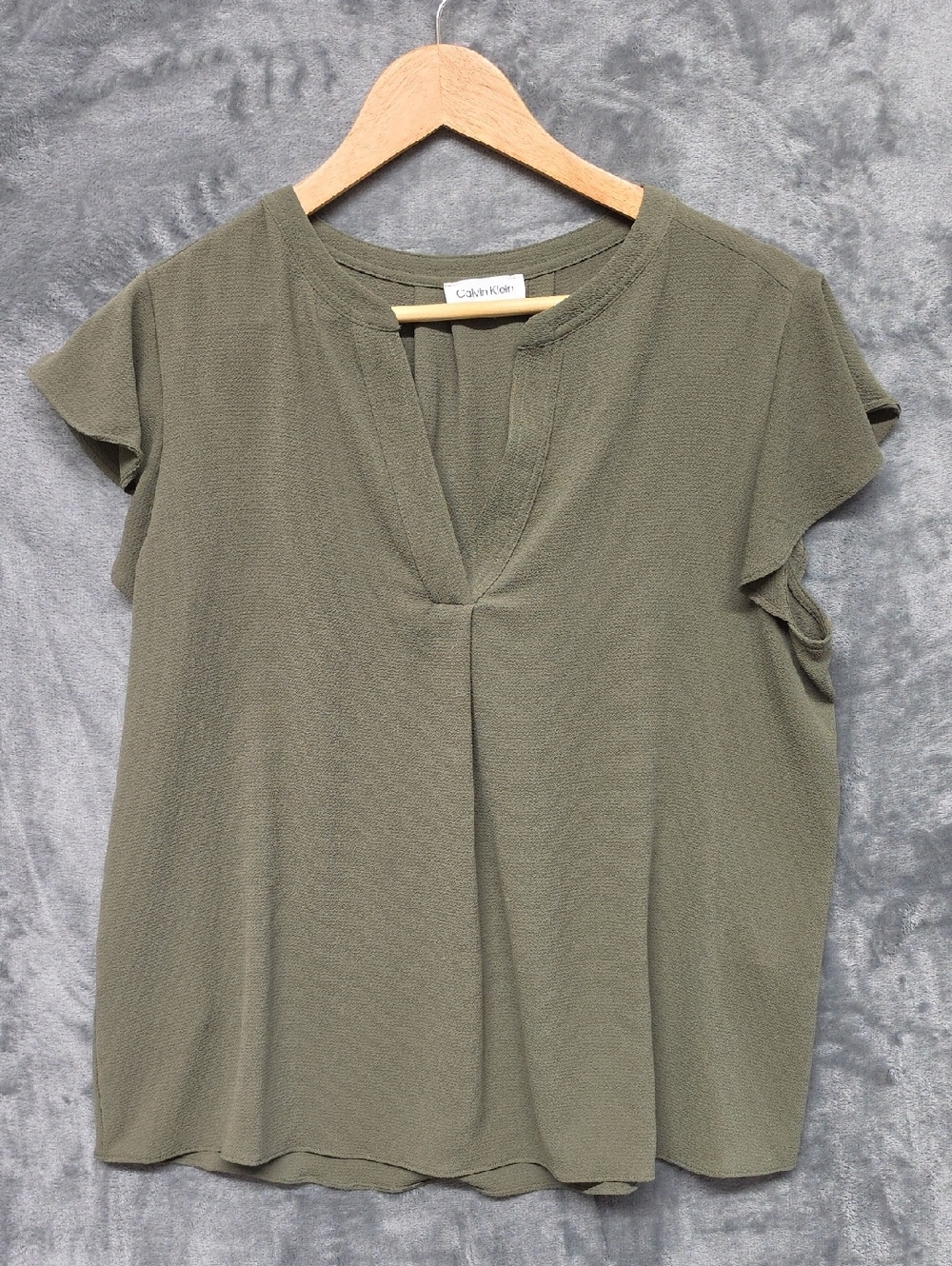 Calvin Klein Olive Split V-Neck Short Sleeve Blouse